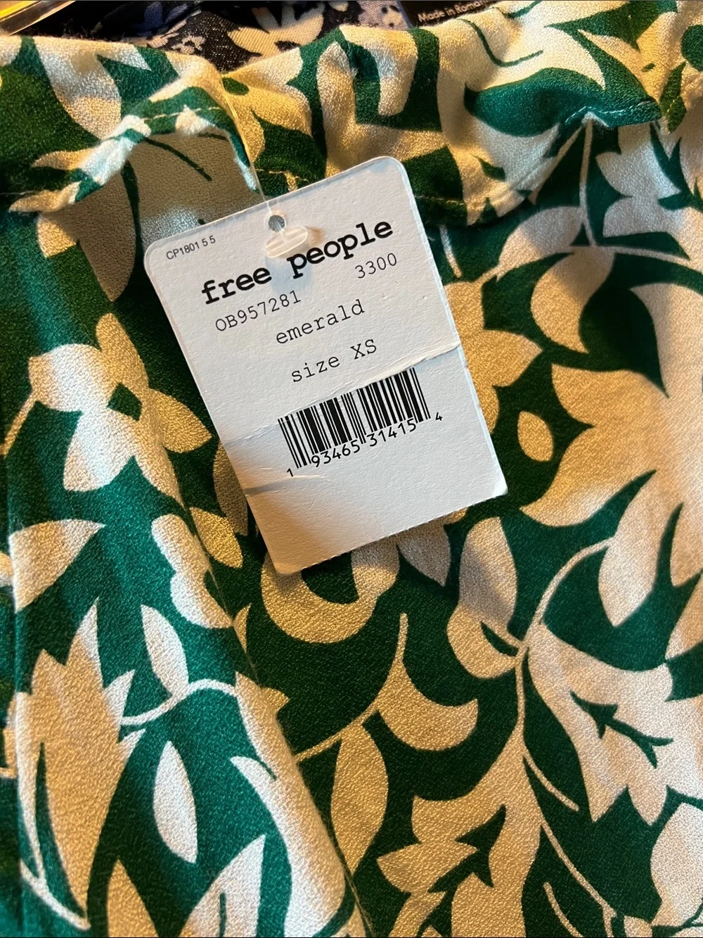 Free People XS Emerald Green & White Floral Ruffle Mini Dress NWT
